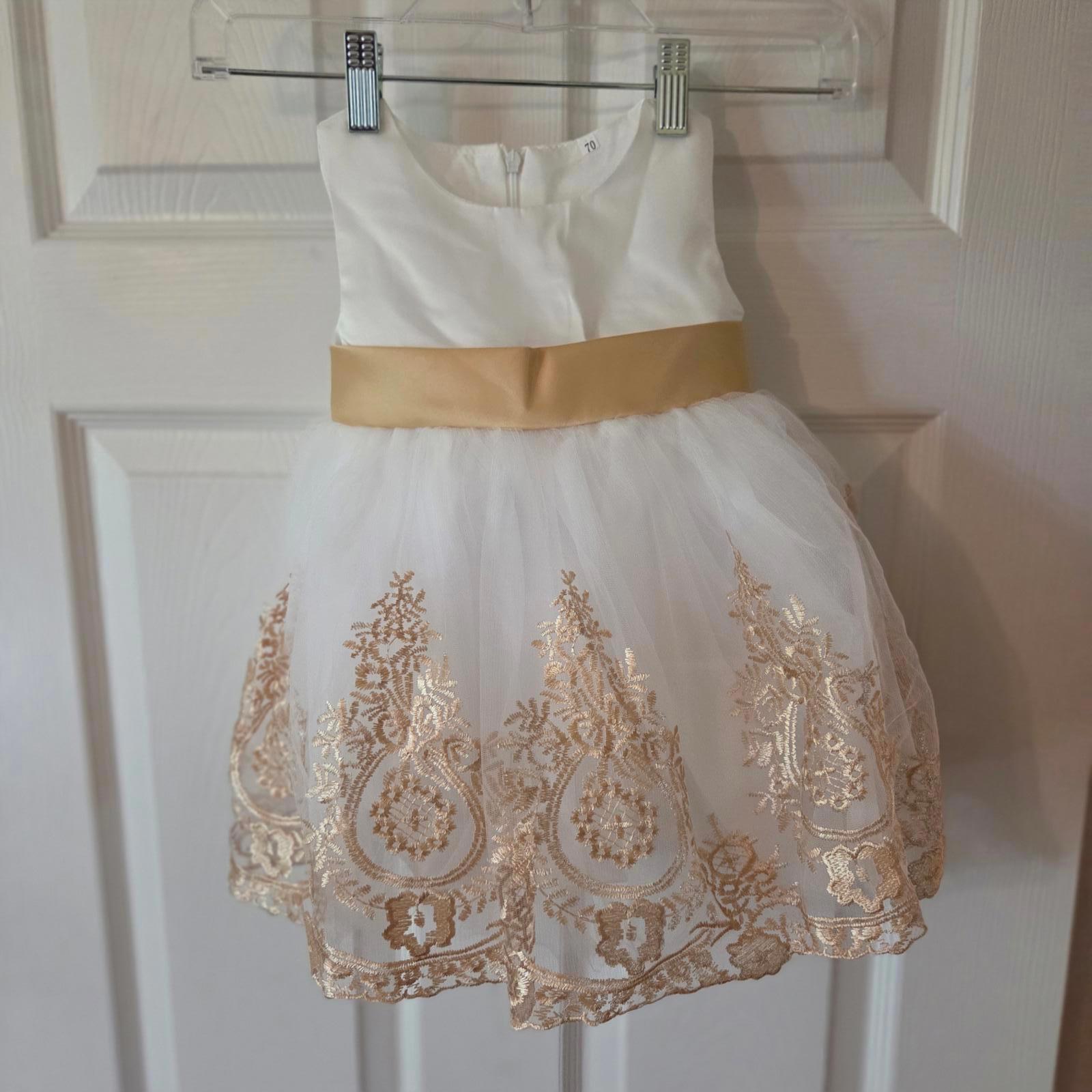 White And Gold Toddler Dress With Bow - 3 To 6 Months